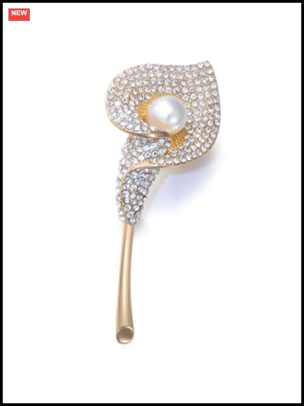 14K Gold-Plated Flower Brooch Pin with Pearl Rhinestones